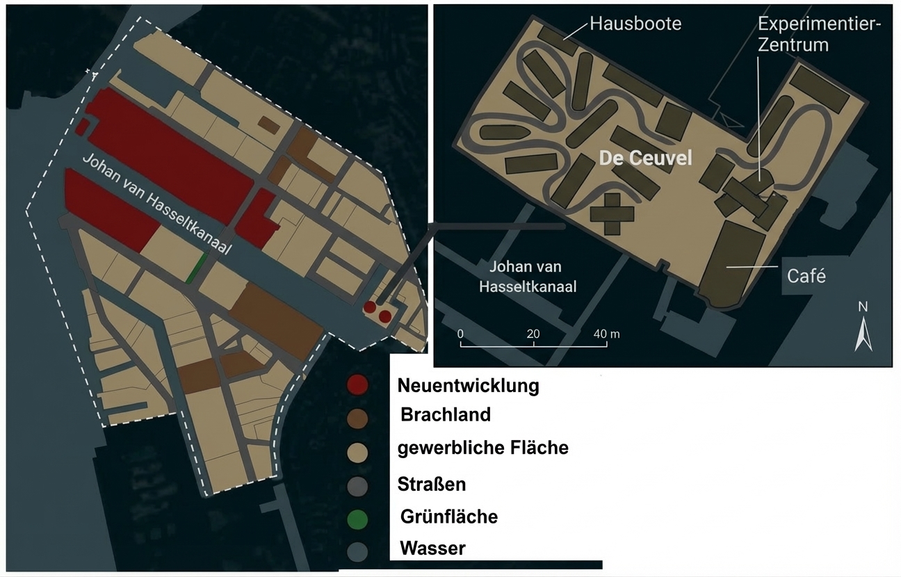Kartenansicht von De Ceuvel und Johan van Hasseltkanaal mit Flächennutzung, Hausbooten, Café und Legende